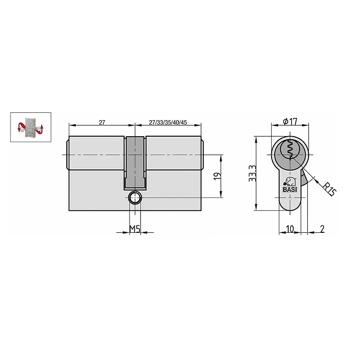 Basi Profilzylinder AS mit N+G - Baulänge innen: 27 mm, Baulänge außen: 33 mm, Material Zylinder: Messing, Profilschlüssel, Mit Not- & Gefahrenfunktion - Technische Zeichnung eines grauen Euro-Profil-Schließzylinders mit Schlüsselweg und Riegel, Maße wie 27mm und variable Längen.