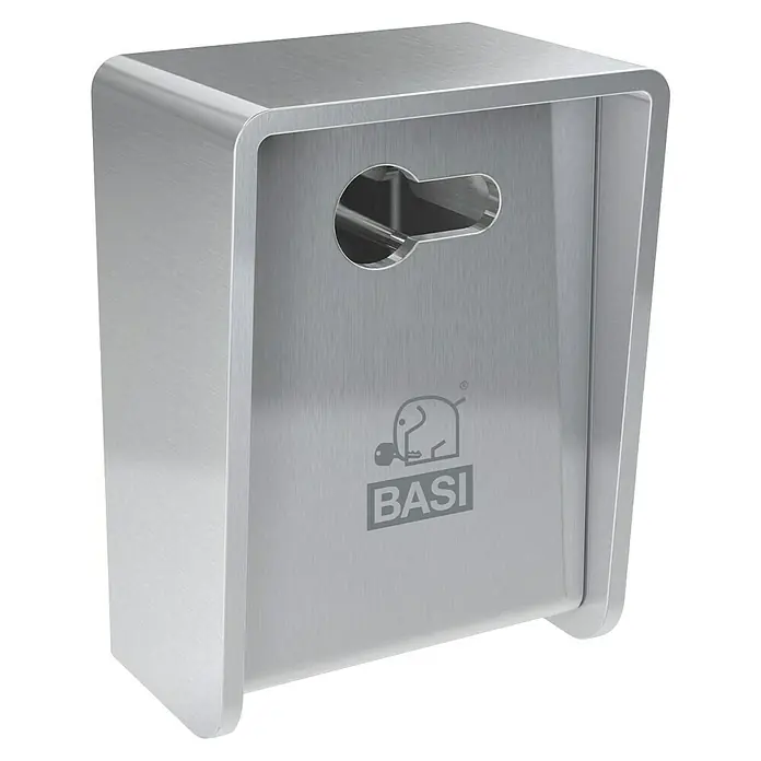 Basi Schlüsselkasten SSPZ 110 - Zylinderschloss, L x B x H: 55 x 80 x 110 mm - Schlüsselkasten aus gebürstetem Edelstahl mit Schlüssellochausschnitt und BASI-Logo.