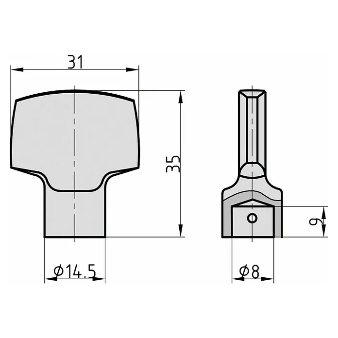 Basi Knaufteil D-Form - Vernickelt - Grauer Drehknopf, 31x35mm, mit Ø14.5mm Basis und 8mm Vierkantschaftbohrung, 6mm tief.