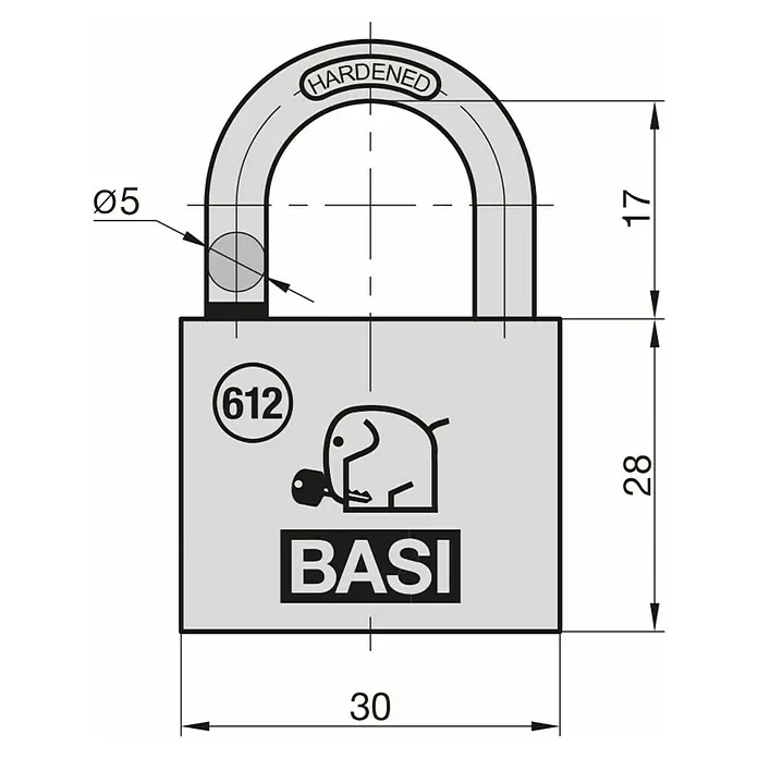 Basi Vorhängeschloss VHS 612 - Breite: 30 mm, Bügelstärke: 5 mm, Material Bügel: Stahl - Technische Zeichnung: Graues Vorhängeschloss mit gehärtetem Bügel (Ø5mm, 17mm lichte Weite). Körper 30x28mm. Marke BASI.