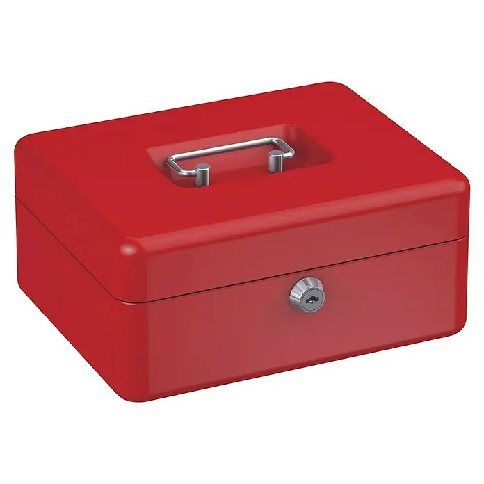 Basi Geldkassette GK10 - L x B x H: 20 x 16 x 9 cm, Rot - Rote Metallgeldkassette mit silbernem Tragegriff und Frontschloss.