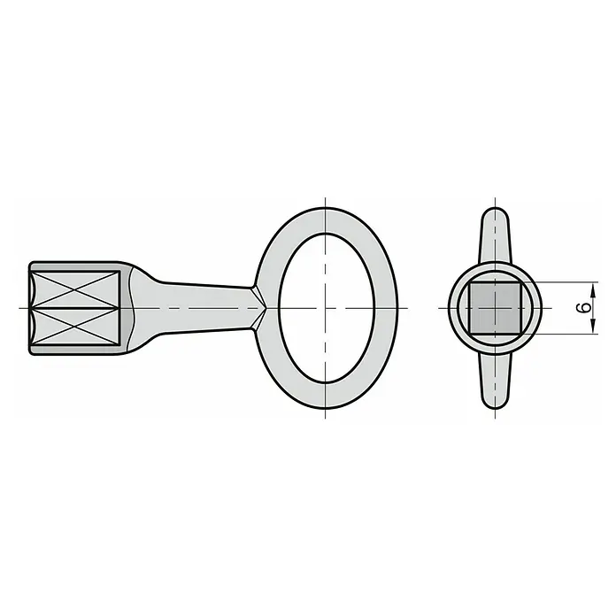 Basi Vierkantschlüssel 301V - Dornmaß: 6 mm - Werkzeugadapter mit Vierkantantriebseingang und 6mm Vierkantaufnahme an einem Ring.