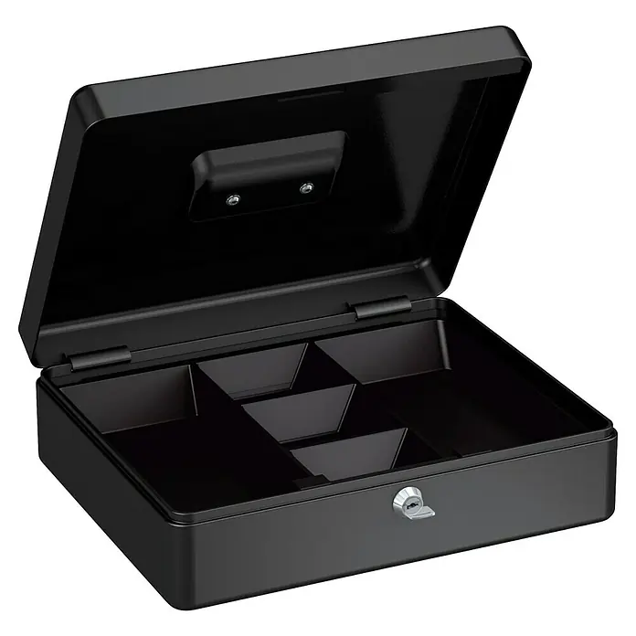 Basi Geldkassette GK10 - L x B x H: 30 x 24 x 9 cm, Schwarz - Offene schwarze Metall-Geldkassette mit Schlüsselschloss und internen Münz-/Scheinfächern.