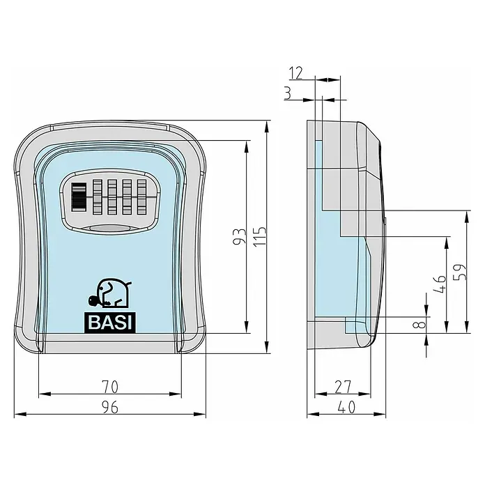 Basi Schlüsselbox SSZ 200 - L x B x H: 40 x 95 x 115 mm, Blau - Grauer Schlüsselsafe mit Zahlenschloss und blauem Innenraum, detailliert mit Vorder- und Seitenmaßen.