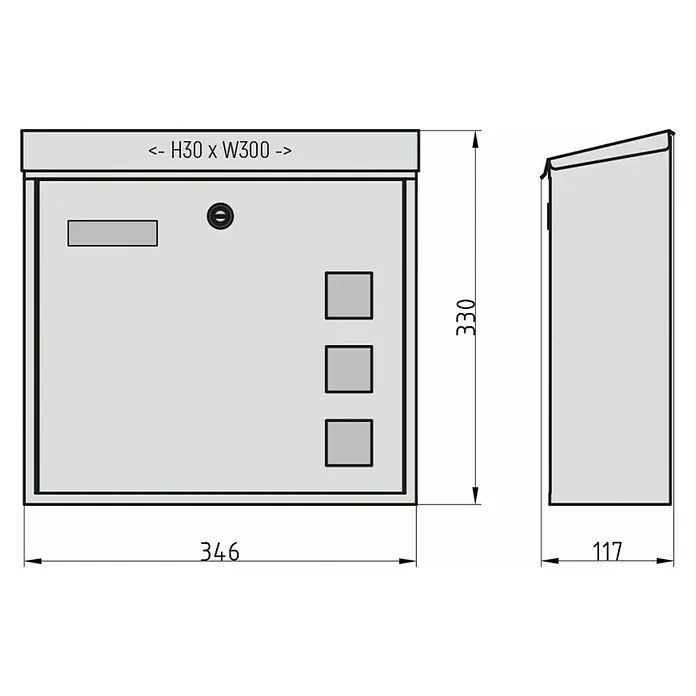 Basi Wandbriefkasten BK 350 M - L x B x H: 11,7 x 34,6 x 33 cm, Anthrazit, Stahl, Namensschild - Hellgrauer Metallbriefkasten mit Briefschlitz, Schloss, drei Sichtfenstern und Maßangaben.