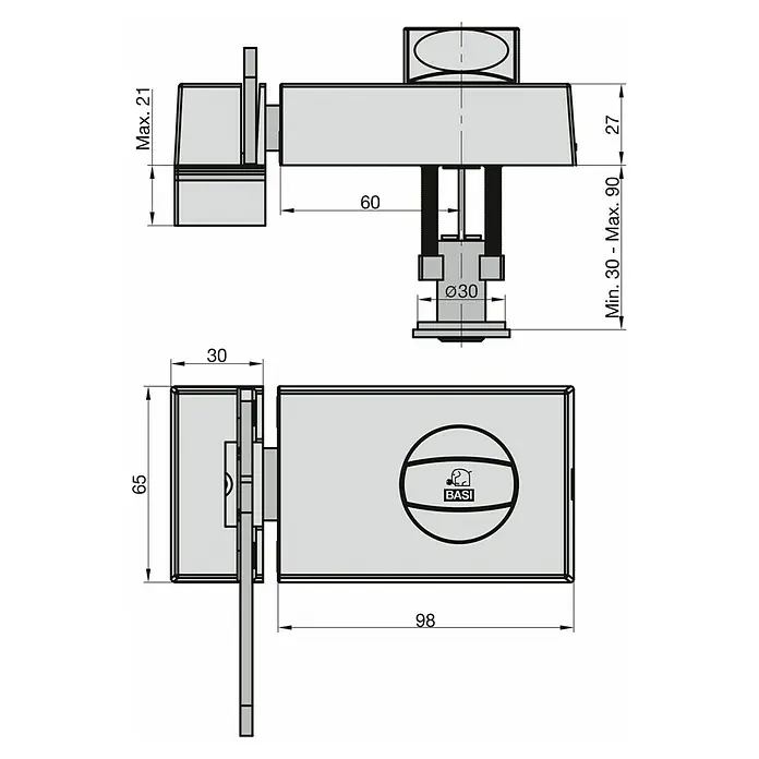 Basi Türzusatzschloss KS500 - Braun, DIN Anschlag: Universell einsetzbar, Dornmaß: 60 mm, Sperrbügel - Technische Zeichnung eines grauen Metall-Schlossmechanismus mit Maßen, zeigt Ober- und Seitenansicht zur Montage, mit BASI-Logo.