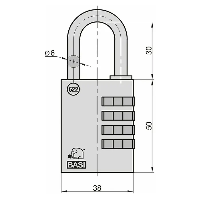 Basi Zahlenschloss VHS 622 - L x B: 50 x 38 mm, Bügelstärke: 6 mm, Messing - Hellgraues Zahlenschloss mit 4 Ziffernrädern und grauem Bügel. Gehäuseabmessungen 38x50mm, Bügeldurchmesser 6mm.