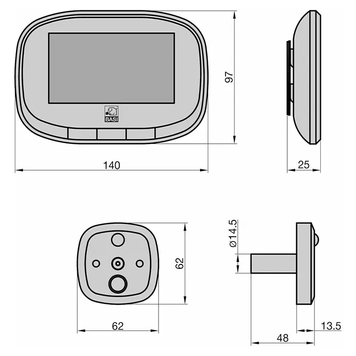 Basi Digitaler Türspion TS 810 - Einbaumaß: Ø 14 - 22 mm, TFT-Bildschirm, Stärke Tür: 35 mm - 120 mm - Technisches Diagramm eines grauen Steuerpanels/Thermostats mit Bildschirm und Tasten sowie einer Montagehalterung mit Bemaßungen.