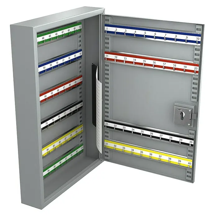 Basi Schlüsselkasten SS100 - L x B x H: 550 x 380 x 80 mm, Anzahl Haken: 100 Stk. - Offener grauer Metallschlüsselkasten mit nummerierten Haken für bis zu 100 Schlüssel.