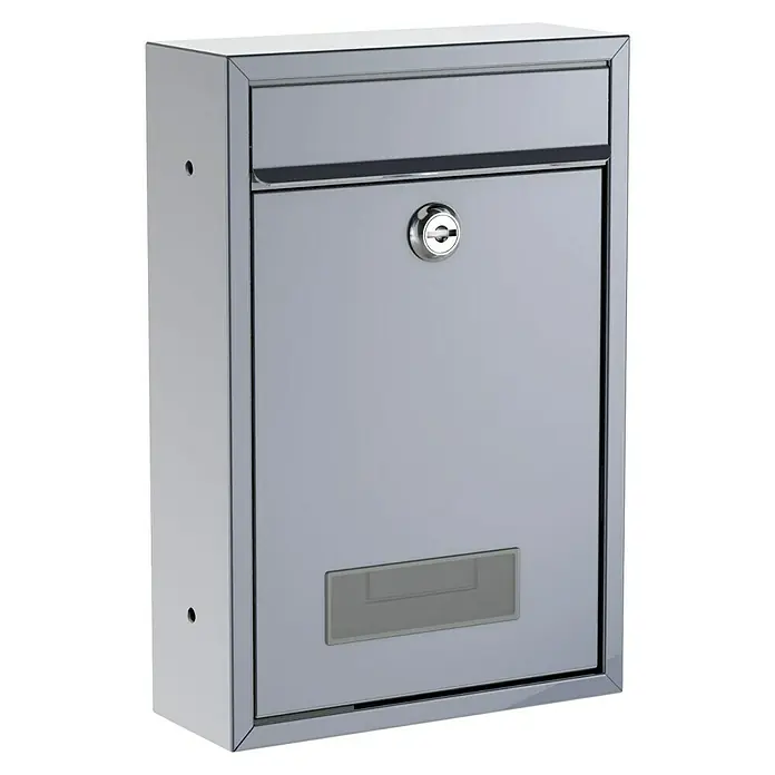 Basi Wandbriefkasten BK 100 - L x B x H: 8,2 x 21,5 x 32 cm, Silber, Stahl, Namensschild - Moderner, rechteckiger Briefkasten aus poliertem Edelstahl mit Einwurfschlitz, Schloss und transparentem Namensschild.