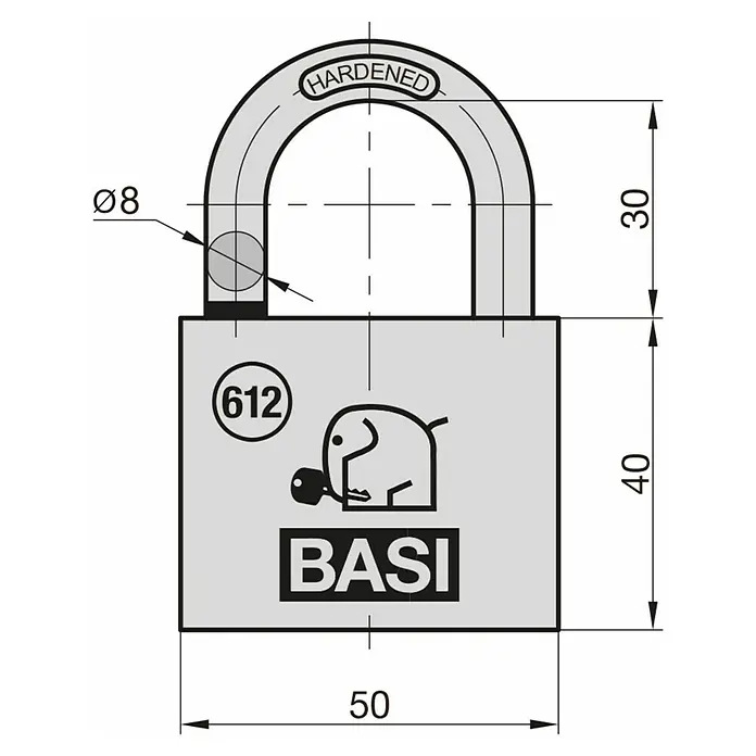 Basi Vorhängeschloss VHS 612 - Breite: 50 mm, Bügelstärke: 8 mm, Material Bügel: Stahl - Graues Vorhängeschloss, 50x40mm Körper, 8mm gehärteter Bügel mit 30mm lichter Höhe. Mit 'HARDENED'-Text und BASI-Logo.