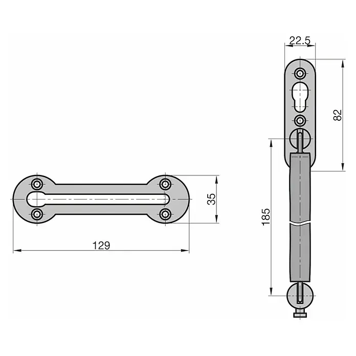 Basi Türkette TK 21 - Kettenlänge: 18,5 cm, Silber - Graue Halterung mit verschiedenen Befestigungspunkten und Abmessungen.