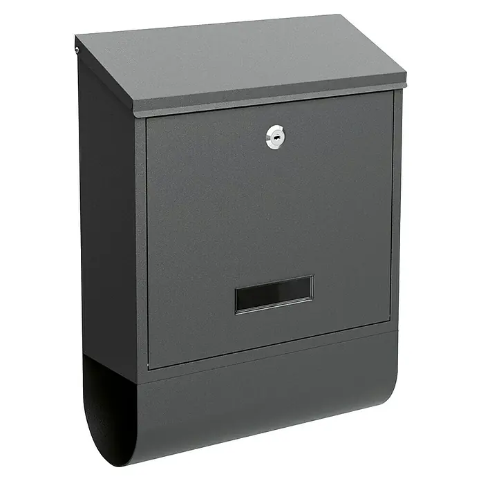 Basi Wandbriefkasten BK 300 M - L x B x H: 11,8 x 30,1 x 38,6 cm, Anthrazit, Stahl, Zeitungsfach - Anthrazitfarbener Wandbriefkasten mit schrägem Dach, Schloss und transparentem Sichtfenster.