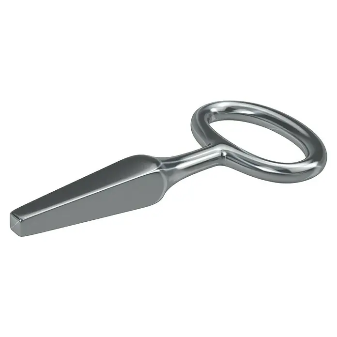 Basi Vierkantschlüssel 306 - Passend für: Zungenschlösser, Klappenschlösser, Fallenschlösser - Glänzendes silbernes Metallwerkzeug mit flachem, spitz zulaufendem Ende und Schlaufengriff.