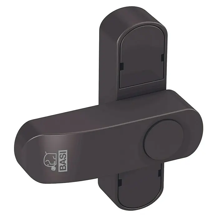 Basi Fenstersicherung FS 500 - Einflügelig, Braun - Dunkelgrauer, kreuzförmiger Sicherheitsriegel mit abgerundeten Enden und BASI-Logo.