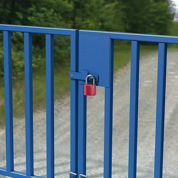 Basi Vorhängeschloss VHS 619 - Rot, Aluminium, Bügelstärke: 6,5 mm - Blaues Metalltor mit rotem Vorhängeschloss sichert einen Weg.