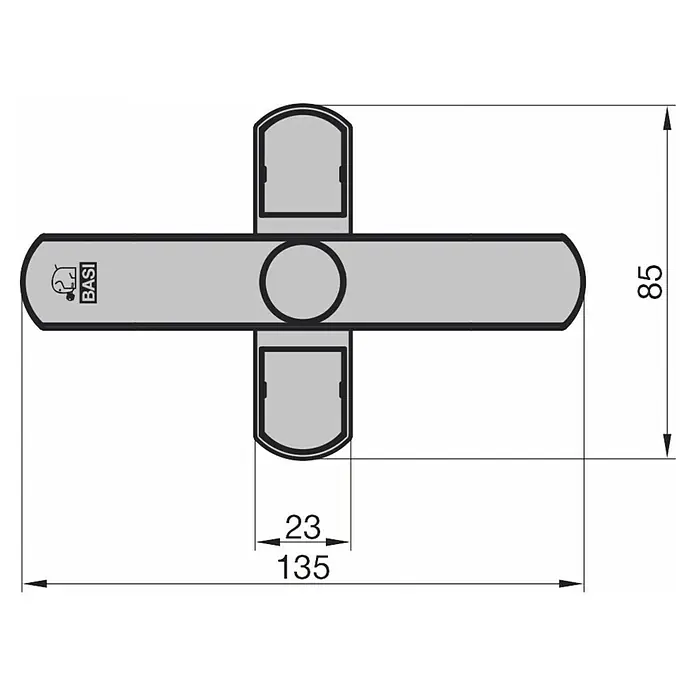 Basi Fenstersicherung FS 500 - Zweiflügelig, Weiß - Grauer kreuzförmiger Griff mit abgerundeten Enden, BASI-Logo, 135x85mm.