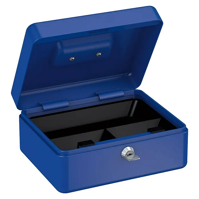 Basi Geldkassette GK10 - L x B x H: 20 x 16 x 9 cm, Blau - Offene blaue Geldkassette aus Metall mit Schlüssel im Schloss und schwarzen Innenfächern.
