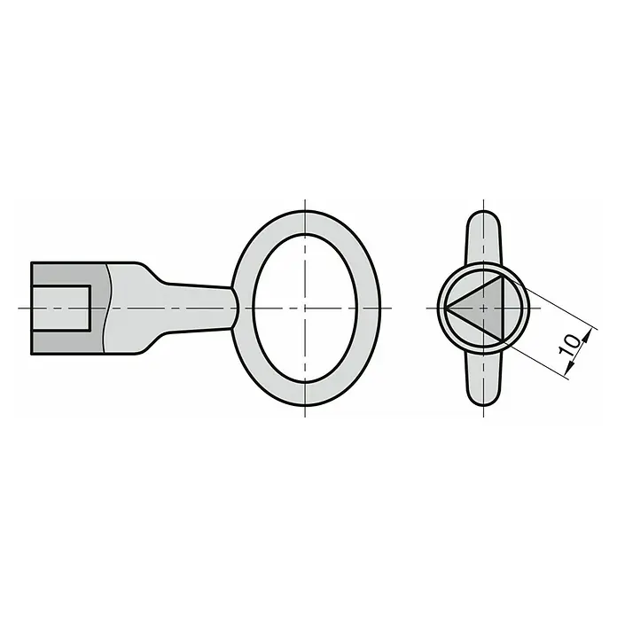 Basi Dreikantschlüssel 301D - Dornmaß: 10 mm - Technische Zeichnung einer Ringschraube aus Metall mit Schlitzende und geflügeltem Ringkopf, grau schattiert.