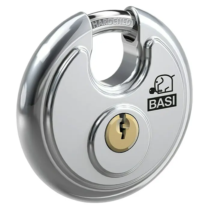 Basi Diskusschloss RVS 610 - B x H: 70 x 70 mm, Bügelstärke: 9,5 mm, Edelstahl - Glänzendes, gehärtetes silbernes Scheiben-Vorhängeschloss mit Schlüsselloch und BASI-Logo.