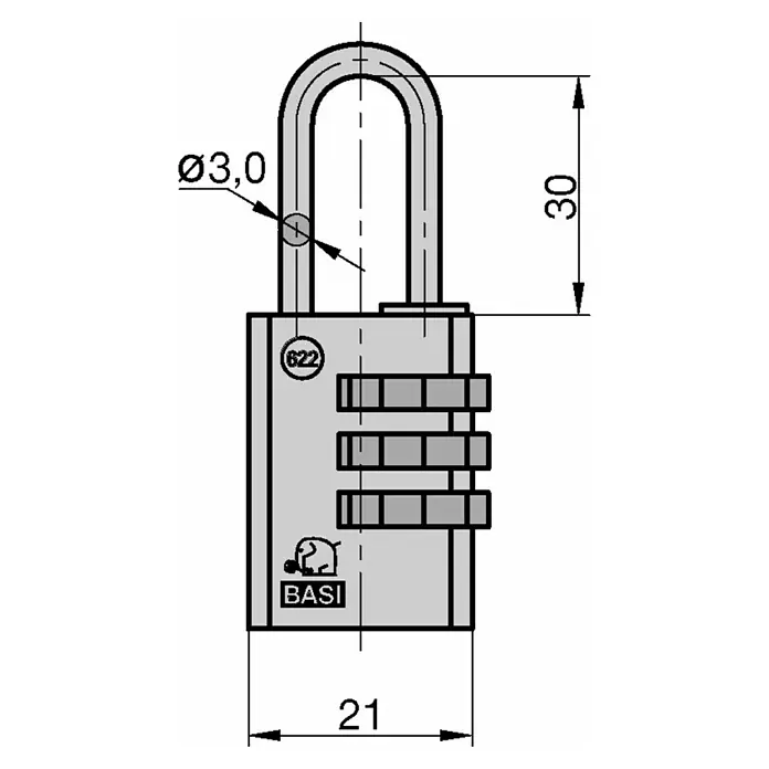 Basi Zahlenschloss KS 622 - L x B: 30 x 21 mm, Bügelstärke: 3 mm, Messing - Technische Zeichnung eines grauen Kombinationsvorhängeschlosses mit Bügeldurchmesser 3,0 mm, Bügelhöhe 30 mm und Körperbreite 21 mm.