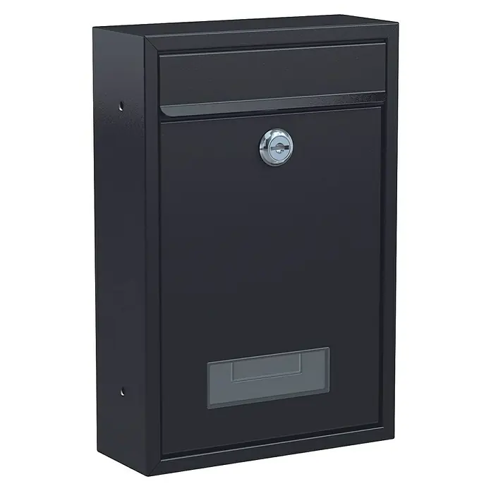 Basi Wandbriefkasten BK 100 - L x B x H: 8,2 x 21,5 x 32 cm, Schwarz, Stahl, Namensschild - Schwarzer Metallbriefkasten mit obenliegendem Einwurfschlitz, Schloss und transparentem Namensschildhalter für sichere Postzustellung.