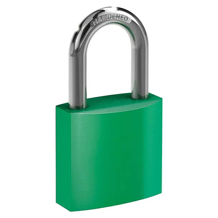 Basi Vorhängeschloss VHS 619 - Grün, Aluminium, Bügelstärke: 6,5 mm - Grünes Vorhängeschloss mit silbernem, „HARDENED“ Bügel für erhöhte Sicherheit.