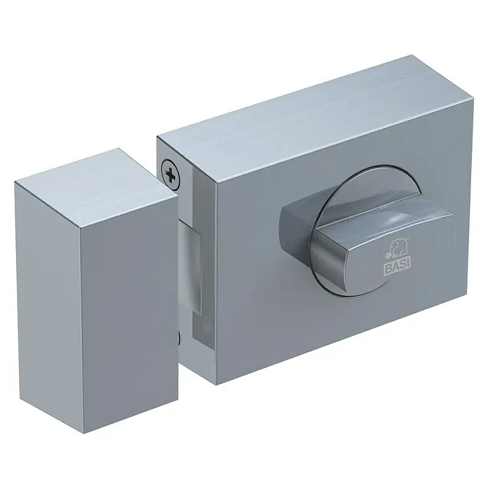 Basi Türzusatzschloss KS500 - Edelstahl, DIN Anschlag: Universell einsetzbar, Dornmaß: 60 mm - Silbernes gebürstetes Metall-Türschloss im rechteckigen Design mit Drehknauf und BASI-Logo, komplett mit passendem Schließblech.