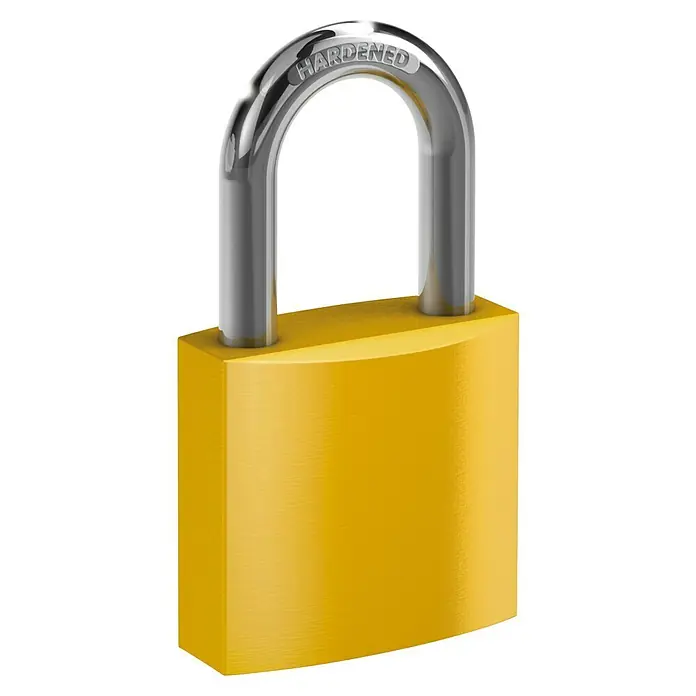 Basi Vorhängeschloss VHS 619 - Gelb, Aluminium, Bügelstärke: 6,5 mm - Gelbes Vorhängeschloss mit einem silbernen, gehärteten Stahlbügel, auf dem "HARDENED" eingeprägt ist.