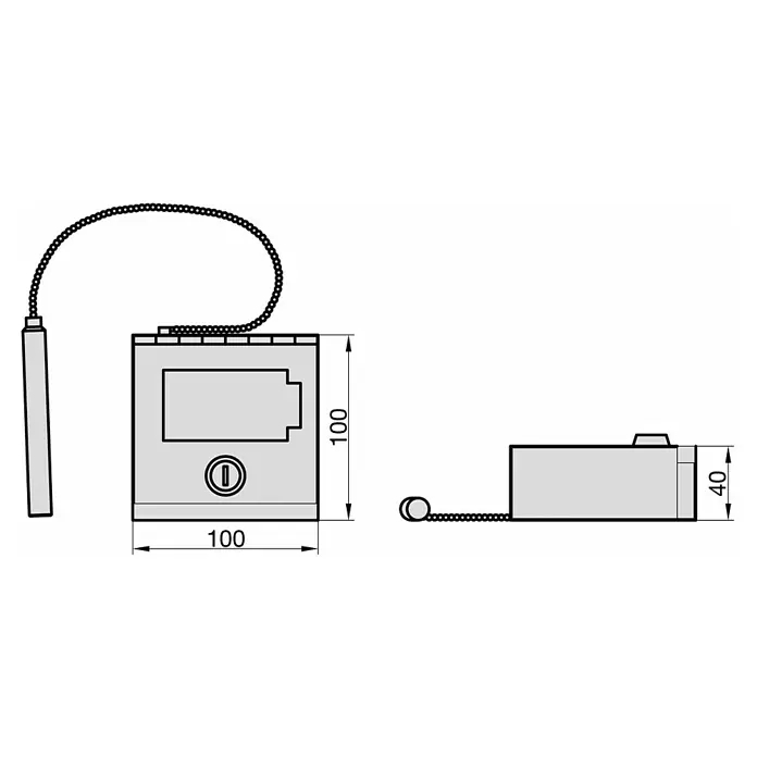 Basi Notschlüsselkasten NK 215 - L x B x H: 100 x 100 x 40 mm, Mit Glasbrecher - Technische Zeichnung eines grauen, rechteckigen Zugketten-Geräts, 100x100x40mm, mit Batterie- und Stromsymbolen.