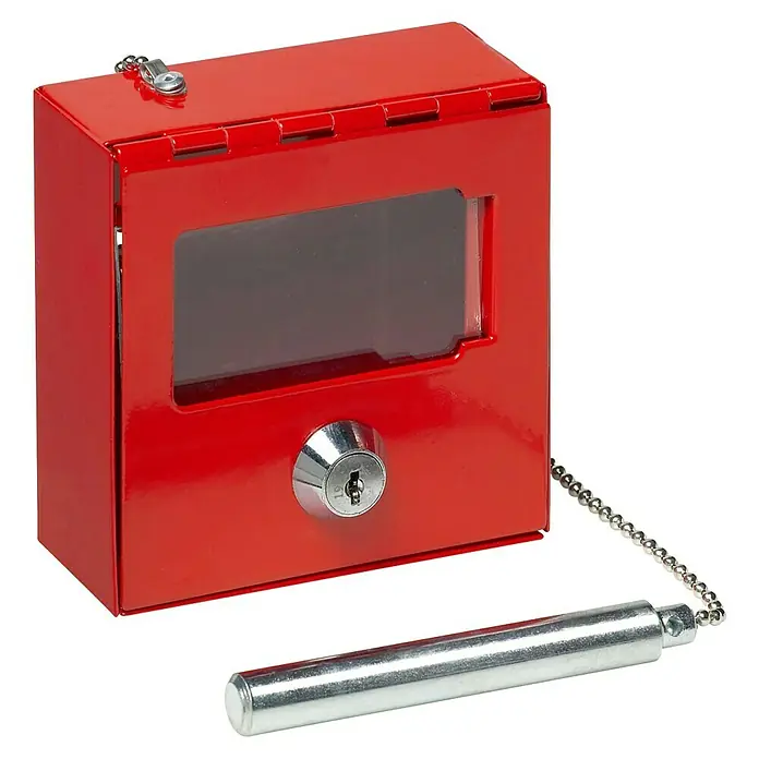 Basi Notschlüsselkasten NK 215 - L x B x H: 100 x 100 x 40 mm, Mit Glasbrecher - Roter Metall-Notschlüsselkasten mit Sichtfenster, Zylinderschloss und angeschlossener Brechstange.