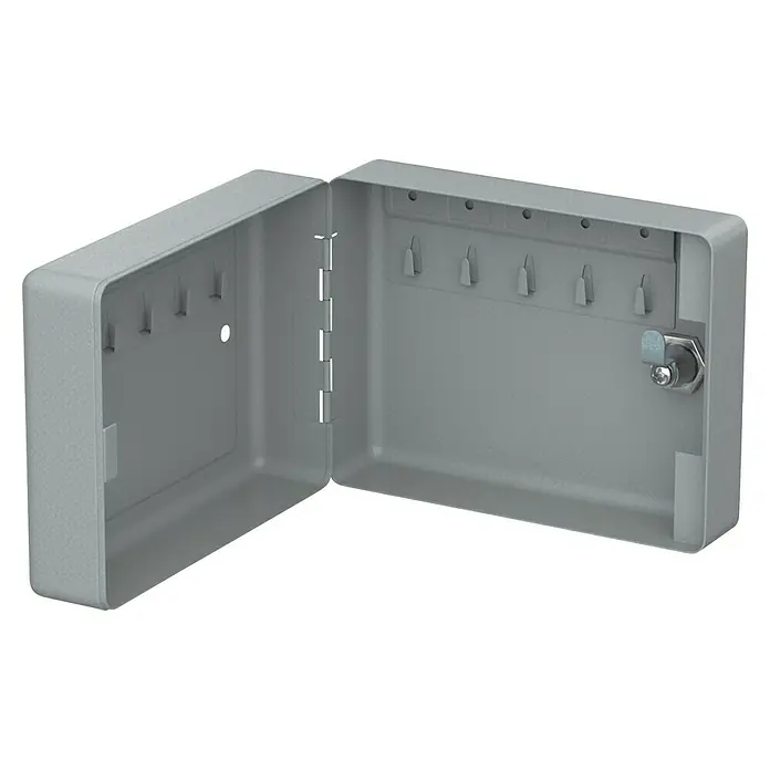 Basi Schlüsselkasten SK 50 - L x B x H: 65 x 150 x 115 mm, Anzahl Haken: 10 Stk. - Offener, grauer Schlüsselschrank mit Schlüsselhaken und einfachem Schlossmechanismus.