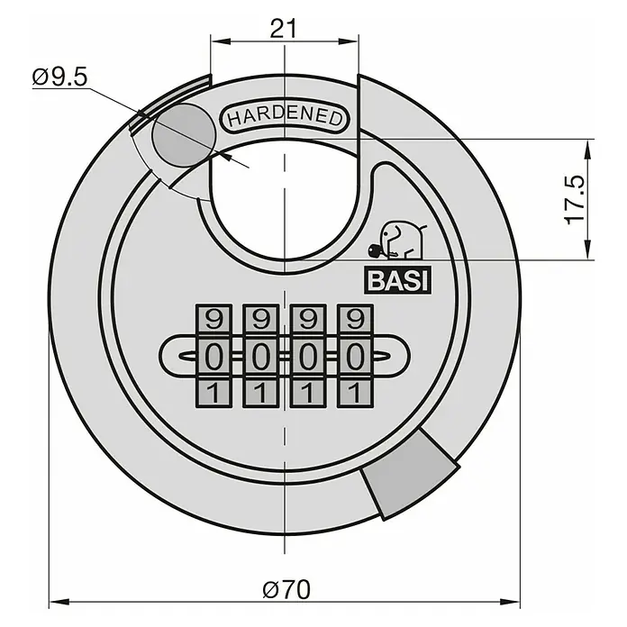 Basi Diskusschloss RVS 610Z - B x H: 70 x 70 mm, Bügelstärke: 9,5 mm, Material Bügel: Gehärteter Spezialstahl - Rundes graues Zahlenschloss, Ø70mm, mit gehärtetem Ø9.5mm Bügel und 4-stelligem Code. Marke BASI.