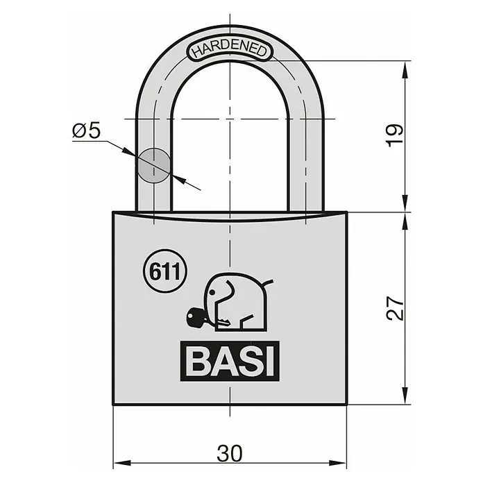 Basi Vorhängeschloss VHS 611 - Breite: 30 mm, Bügelstärke: 5 mm, Material Bügel: Stahl - Gehärtetes graues BASI Vorhängeschloss, 30mm breit, mit 5mm Bügeldurchmesser.