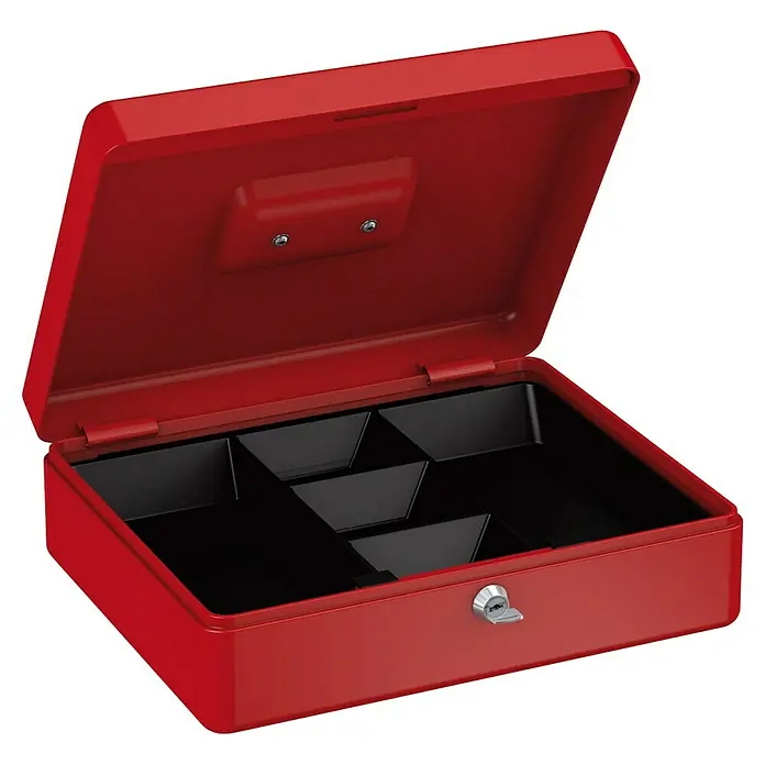 Basi Geldkassette GK10 - L x B x H: 30 x 24 x 9 cm, Rot - Offene rote Metallkassette mit einem schwarzen Münzfach und Schloss.