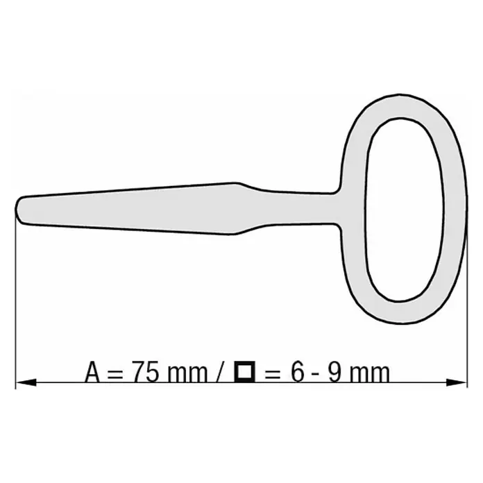 Basi Vierkantschlüssel 306.5 - Dornmaß: 4 mm - 9 mm - Graues schlüsselförmiges Werkzeug mit Schlaufe. Länge 75mm, quadratischer Querschnitt 6-9mm.