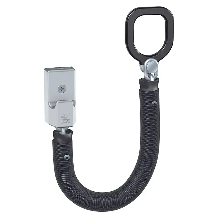 Basi Türkette TK 25 - Kettenlänge: 18,5 cm, Silber - Schwarzes, texturiertes Sicherheitskabel mit grauer Rechteckbefestigung und U-förmigem Griff zum Verriegeln.