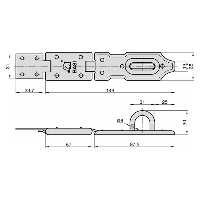 Basi Sicherheitsüberfalle SF 10 - L x B: 140 x 35 mm, Verzinkt - Technische Zeichnung eines grauen, scharnierten Metall-Überfalle mit Öse und Maßen für ein Vorhängeschloss.