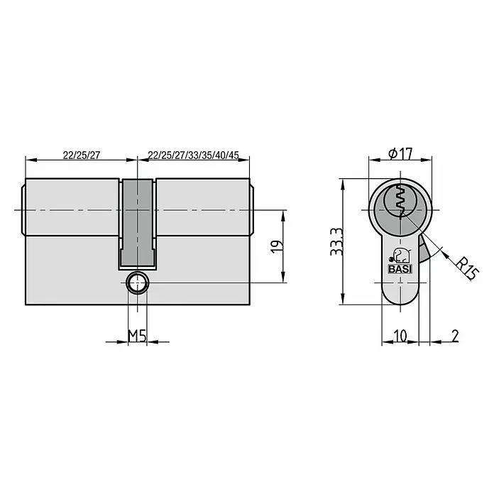 Basi Profilzylinder AS - Baulänge innen: 27 mm, Baulänge außen: 35 mm, Material Zylinder: Messing, Profilschlüssel - Technische Zeichnung eines Doppel-Profilzylinderschlosses aus Metall mit Maßen.
