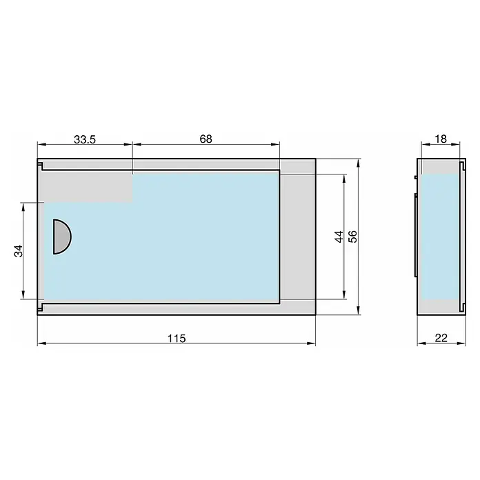 Basi Schlüsselbox SBO 210 - L x B x H: 115 x 56 x 22 mm, Schwarz - Technische Zeichnung eines rechteckigen Elektronikgehäuses (115x56x22mm) mit transluzenter blauer Front und D-förmiger Öffnung.