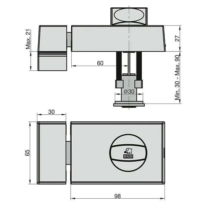 Basi Türzusatzschloss KS500 - Braun, DIN Anschlag: Universell einsetzbar, Dornmaß: 60 mm - Technisches Zeichnung eines BASI Schlossmechanismus mit rechteckigem Gehäuse und verstellbarer Ø30mm Spindel, Maße angezeigt.