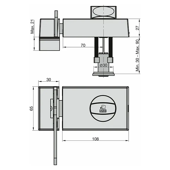 Basi Türzusatzschloss KS500 - Braun, DIN Anschlag: Universell einsetzbar, Dornmaß: 70 mm, Sperrbügel - Technische Zeichnung eines grauen Metallschließmechanismus mit BASI-Logo und Hauptabmessungen.