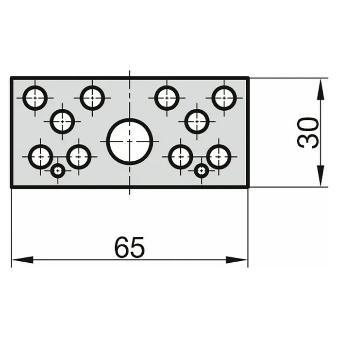 Basi Distanzplatten-Set - Passend für: Türzusatzschlösser - Graue rechteckige Platte mit einem großen Mittelloch und mehreren kleineren Löchern, Maße 65x30.