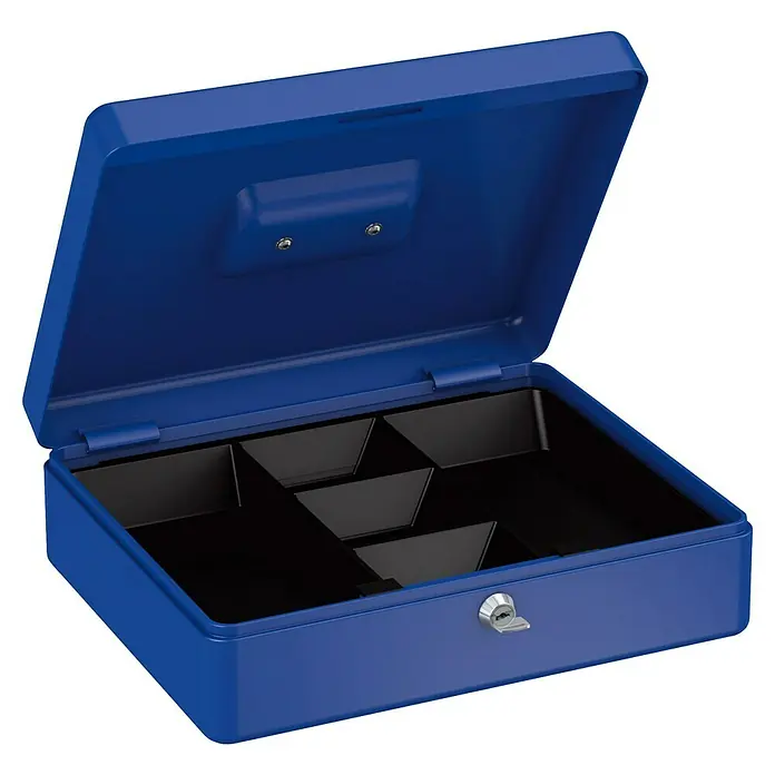Basi Geldkassette GK10 - L x B x H: 30 x 24 x 9 cm, Blau - Offene blaue Metall-Geldkassette mit schwarzem Münzfach, Schlüssel im Schloss.