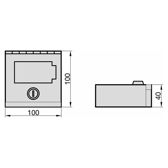 Basi Notschlüsselkasten NK 215 - L x B x H: 100 x 100 x 40 mm, Ohne Glasbrecher - Hellgraues rechteckiges Modul mit Display und Taste, Maße 100x100x40mm.