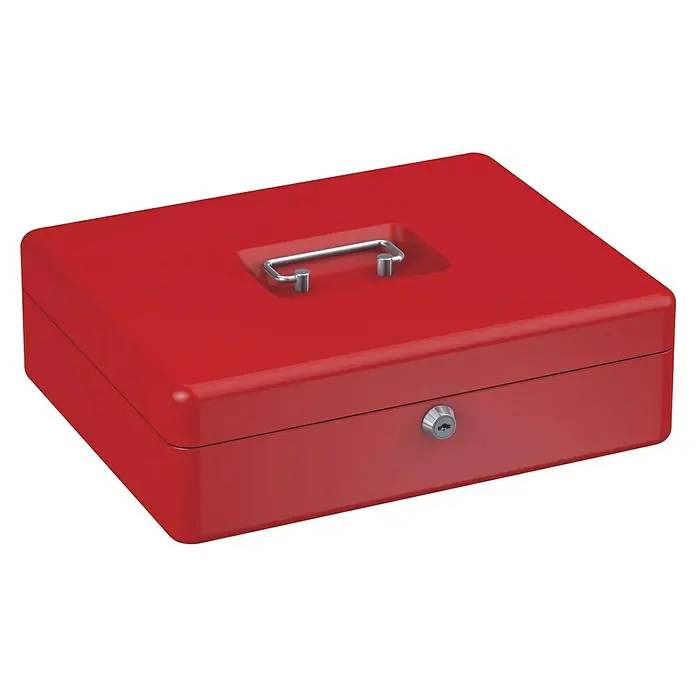 Basi Geldkassette GK10 - L x B x H: 30 x 24 x 9 cm, Rot - Rote Geldkassette aus Metall mit Chromgriff und Schlüsselschloss.