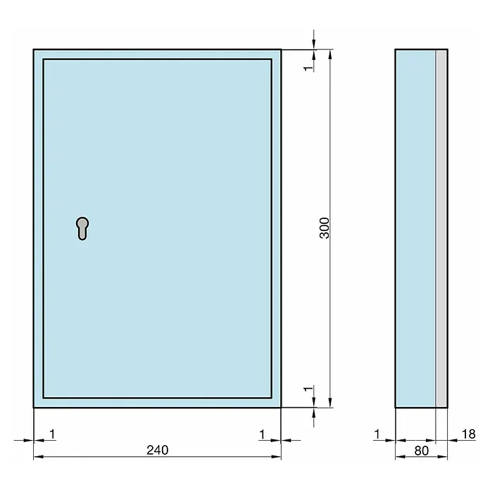 Basi Schlüsselkasten SS100 - L x B x H: 300 x 240 x 80 mm, Anzahl Haken: 35 Stk. - Technische Zeichnung eines hellblauen rechteckigen Elektrogehäuses mit Schlüsselloch, Maße 300x240x80mm.