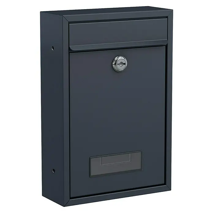 Basi Wandbriefkasten BK 100 - L x B x H: 8,2 x 21,5 x 32 cm, Anthrazitgrau, Stahl, Namensschild - Dunkelgrauer, rechteckiger Metallbriefkasten mit obenliegendem Einwurf, Schlüsselschloss und einem kleinen Sichtfenster.