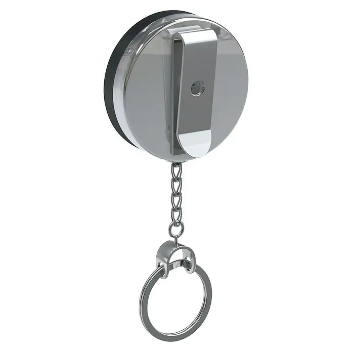 Basi Schlüsselanhänger - Länge: 60 cm, Durchmesser: 52 mm, Schwarz - Silberfarbener, einziehbarer Metall-Schlüsselanhänger mit rundem Gehäuse, Gürtelclip und Kette.