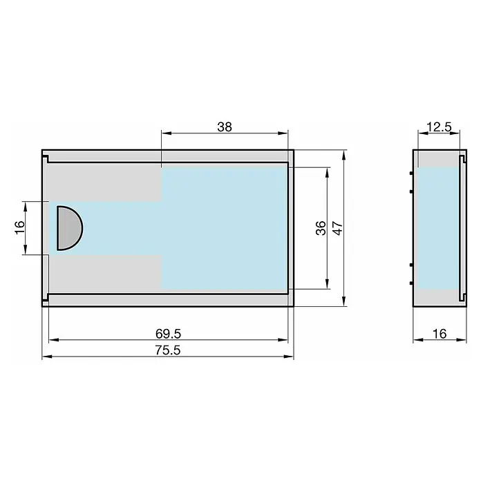 Basi Schlüsselbox SBO 210 - L x B x H: 75 x 46 x 16 mm, Schwarz - Technische Zeichnung eines grauen rechteckigen Gehäusemoduls mit hellblauem, transparentem Bereich und D-förmigem Ausschnitt, inkl. Maße.